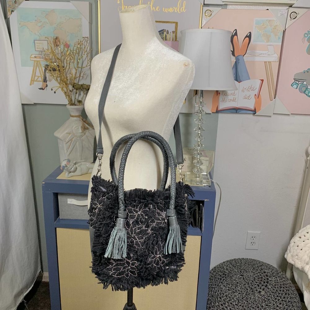 IBBAN handmade boho Wool leather crossbody bag gray black